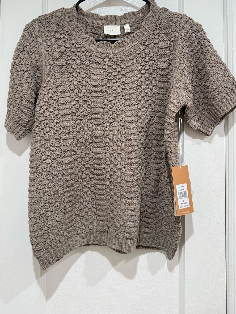 Taupe Short-Sleeve Crewneck Knit Sweater
